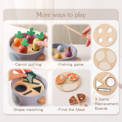 Montessori Toy Wooden Pluck Carrots Shape Paired Multifunctional Pot Toy Children Puzzle Play House Fishing Stir Frying Toy Gift