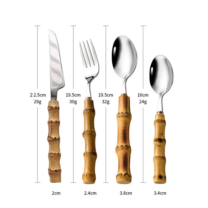 16/24/32Pcs Dinnerware Sets Original Nature Bamboo Handle Stainless Steel Cutlery Fork Spoon Home Kitchen Tableware Cutleri