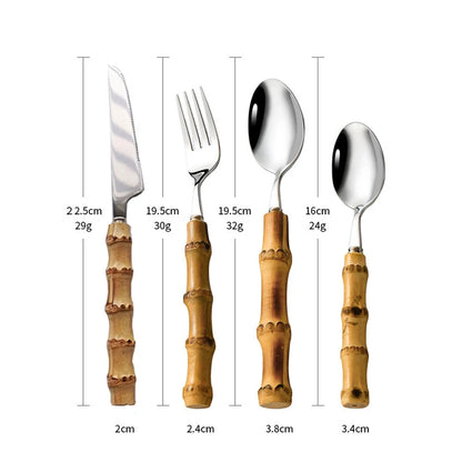 16/24/32Pcs Dinnerware Sets Original Nature Bamboo Handle Stainless Steel Cutlery Fork Spoon Home Kitchen Tableware Cutleri