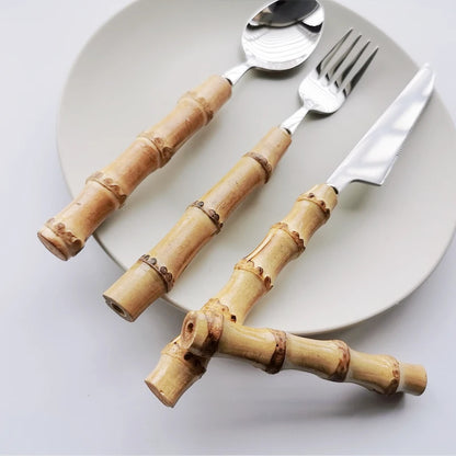 16/24/32Pcs Dinnerware Sets Original Nature Bamboo Handle Stainless Steel Cutlery Fork Spoon Home Kitchen Tableware Cutleri